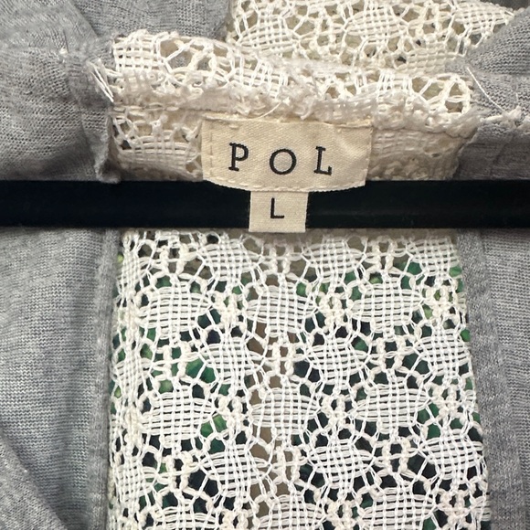 POL Gray Hoodie with Blue Peace Sign Cream Crochet Lace Loose Fit Size Large - Picture 2 of 7